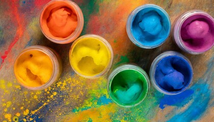 Abstract multicolored background with bottles of paints, splashes of paint, paint drops, drips	