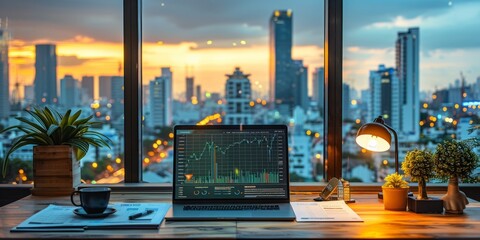 Office desk with a laptop showing financial data, overlooking a city at sunset