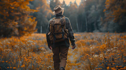 Fototapeta premium A lone figure walks through a forest in autumn, with colorful leaves on the ground, a misty background and a sense of mystery.