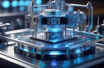 A holographic 3D model of a complex mechanical system for engineering review, business, holograms, blurred background 