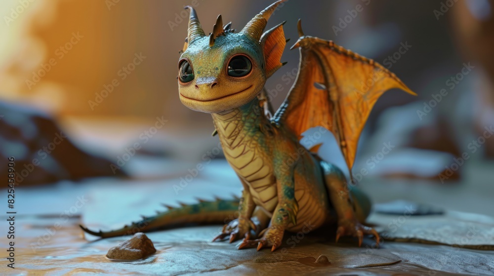 Wall mural cute baby dragon stand resting with its wings folded in a foggy forest.