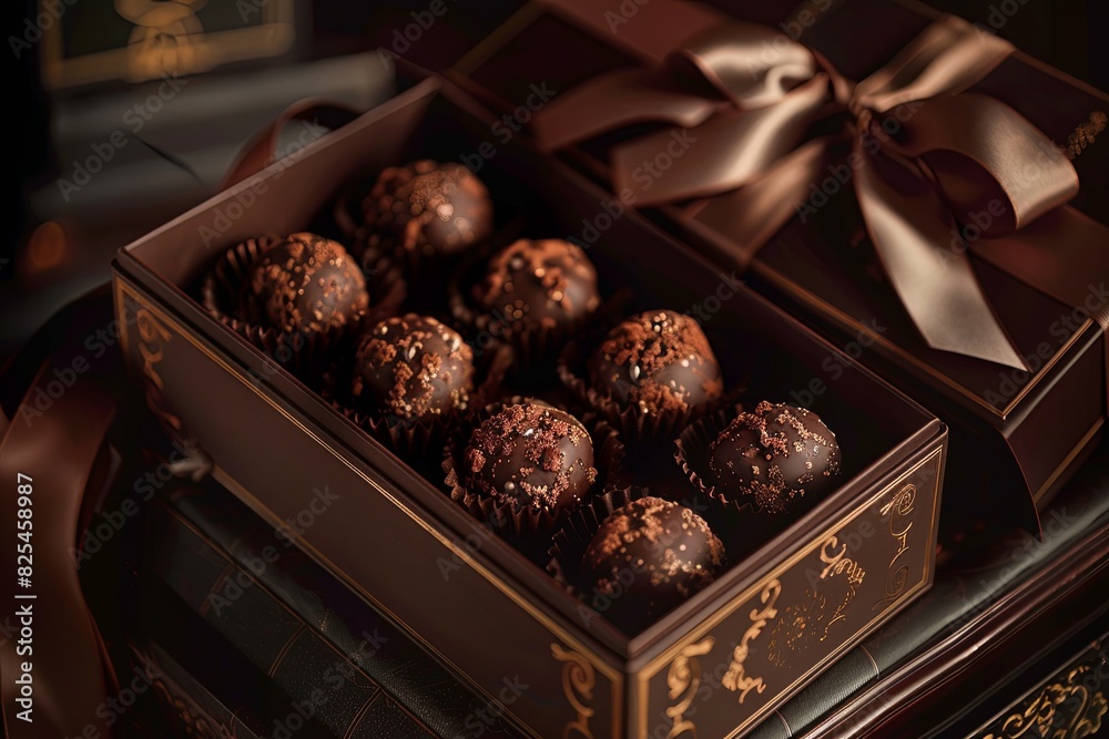 Poster a luxurious box of chocolate truffles decorated with ribbons, sitting on a table. generative ai