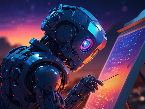 AI-powered robot artist painting a vibrant digital canvas