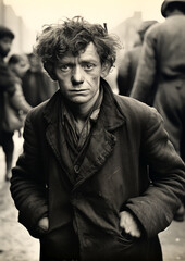 Obraz premium A somber, disheveled man stands in crowded street, expression weary and worn. His curly hair is unkempt, his eyes reflect hardship. Wears a tattered coat, hands in pockets, evoking sense of struggle.