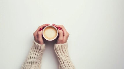 Close-up view of hands holding a steaming hot coffee over white background.