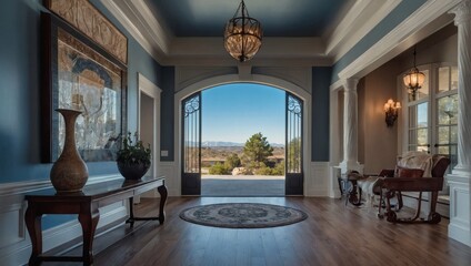 Elegant entryway of a luxury home under a blue sky.