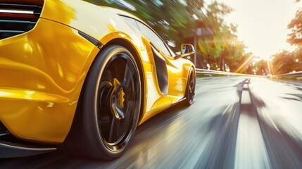 Futuristic yellow sports car riding in fast motion on highway. Generated AI image