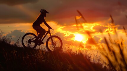 Fototapeta premium Dynamic silhouette of a woman mountain biking on rugged trails at sunset.