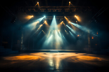 An empty stage club with blue and yellow bright stage lights and lights beams through a smoky atmosphere background
