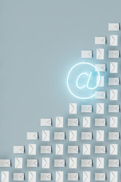  3D Render of Envelope Pattern with Neon At-Sign