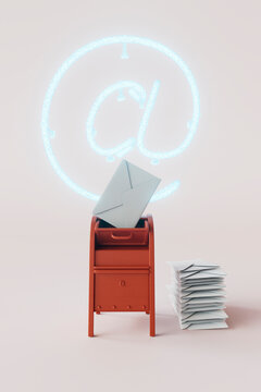 3D Render of Red Mailbox with Envelopes and Email Symbol