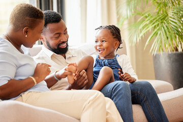Black family, child and people on lounge, love and happy together at home for happiness. Kid,...