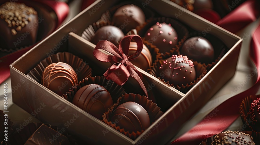Poster detailed close up of an elegant box of chocolate truffles decorated with ribbons, set on a table. ge