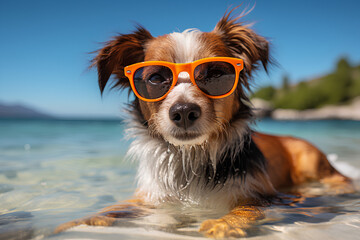 Dog in sunglasses chilling on sea, summer
