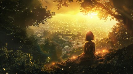 Obraz premium A woman is sitting in a forest, looking out over a city
