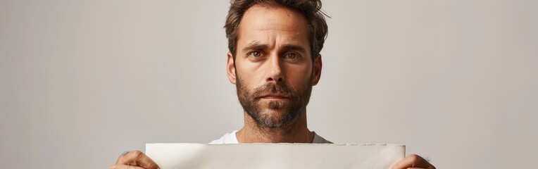 Obraz premium Man Holding Piece of Paper in Front of Face