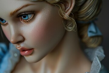 Macro shot of a porcelain doll's face highlighting intricate textures and delicate craftsmanship