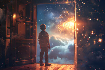 The child looks out the door into the imaginary fantasy world