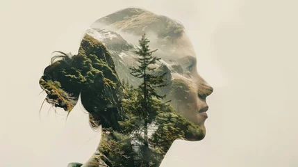 A woman's face is shown in a forest with trees and mountains in the background © Cloudyew