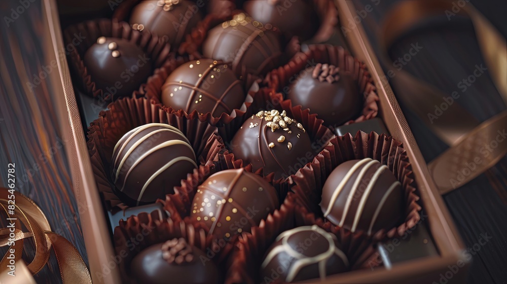 Poster a detailed box of chocolate truffles, adorned with ribbons, placed on a table. generative ai