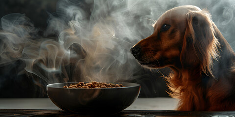 A dog sits next to a steaming bowl of dog food. A dog is eating from a bowl on a wooden floor. The bowl is filled with dry food and the dog is eating it with a spoon. The background is dark and there 