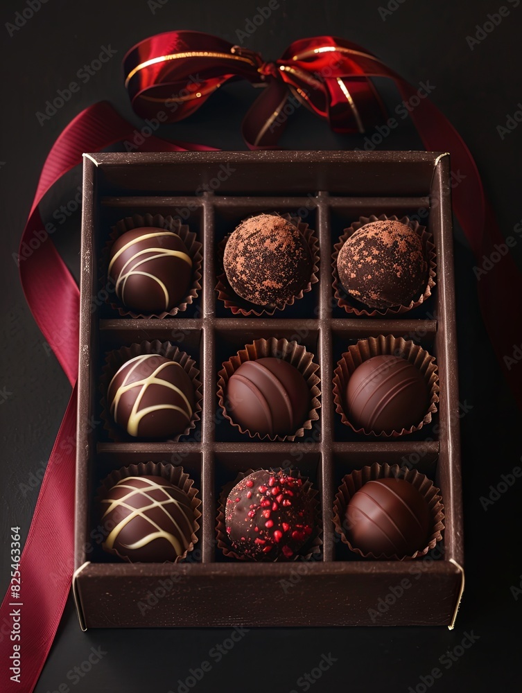 Poster elegant box of chocolate truffles adorned with a vibrant red ribbon, showcasing high detail and rich