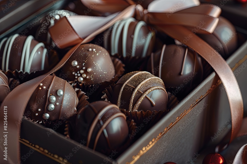 Poster a luxurious box of dark chocolate truffles adorned with a decorative ribbon. generative ai