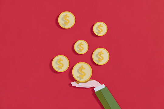 hand with Gold coins bitcoin btc currency money Icons flying