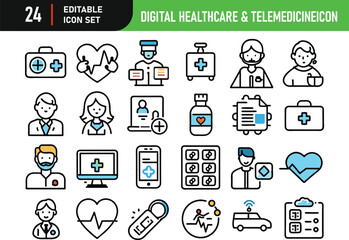 Digital Healthcare & Telemedicine related concept editable stroke outline icons isolated on white background flat vector illustration