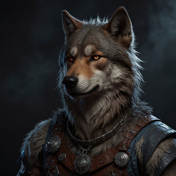 Portrait of humanoid wolf or siberian dog, half human and half beast animal. Epic creature pfp, avatar or icon.
