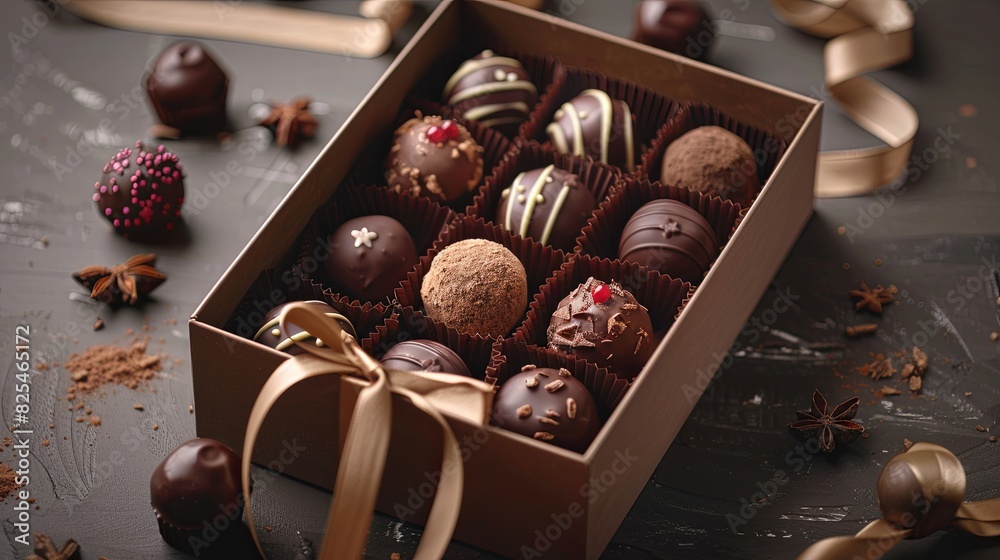 Poster A luxurious box filled with assorted chocolates, adorned with ribbons, placed on a table. Generative AI