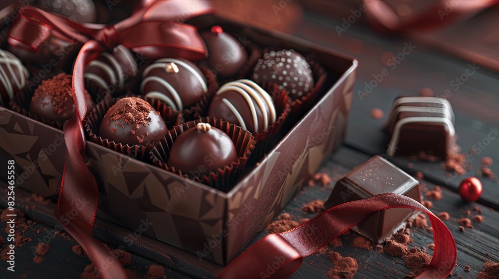Poster elegant box of chocolate truffles with a red ribbon tied around it, showcasing high detail and luxur