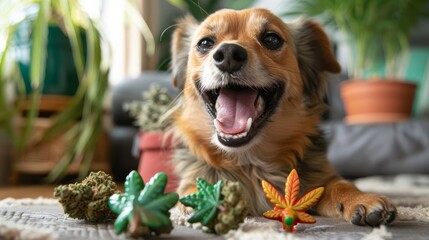 Dog happily playing with a cannabis themed toy in a playful setting