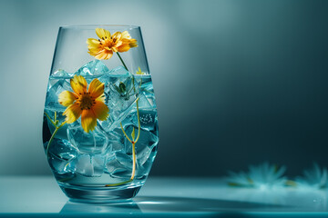 Nice glass with water, cocktail, strong drink, ice, yellow flower, colors are blue, yellow, black,