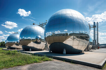 Obraz premium Three large, shiny, spherical storage tanks reflect the blue sky and surrounding industrial area.