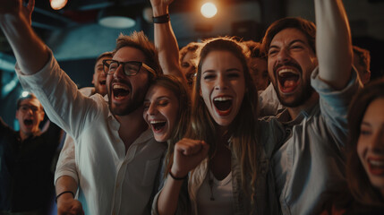Obraz premium Team members reacting to the news of their win, with expressions of joy and surprise. Dynamic and dramatic composition, with cope space