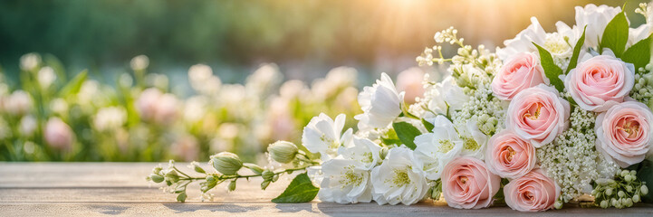 Fototapeta premium A banner with a place for the text. Romantic background of the wedding scene, picturesque outdoor setting.