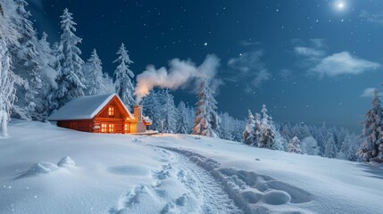 A cozy cabin nestled among snowcovered pines, smoke curling from the chimney, under a starry night sky