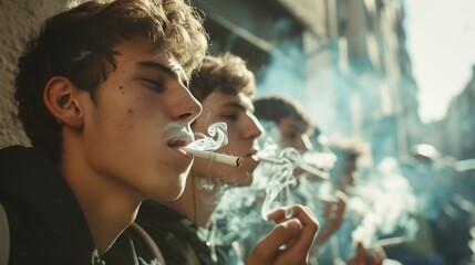 A group of young people smoke cannabis together with smoke