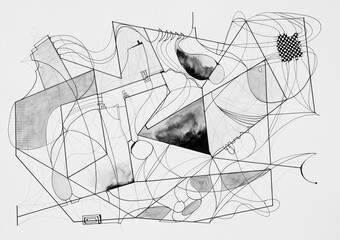 An abstract  monochrome pencil, pen and ink drawing