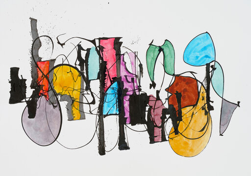 an ink and watercolor drawing, drawn with a cola pen.