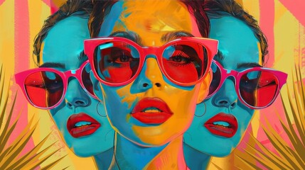 Pop art illustration of three women wearing sunglasses with bold colors and lines. Summery and stylish illustration for fashion and lifestyle