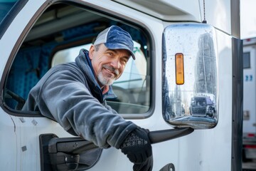 Naklejka premium Truck driver leaning out of his truck window