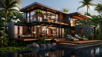 Obraz premium Luxury container home designed to 2024 International Residential Codes and Honolulu Land Use Ordinances and Housing Codes with electrical, structural, mechanical and architectural details and componen