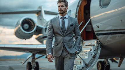 A confident man in a suit walking away from a private jet on the tarmac.