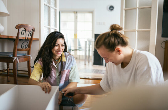 Girlfriends having fun while assembling furniture at home
