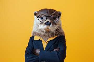 A cute otter wearing glasses and a suit. The otter is wearing a yellow tie and has a serious look on his face