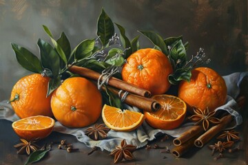 Elegant still life of ripe oranges with spices on a dark background