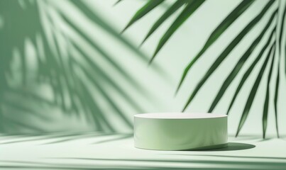 A light green background with shadows of palm leaves, a simple and elegant display stand for product presentation in the foreground Generative AI