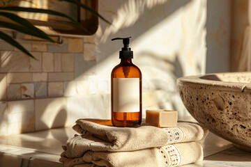 Amber glass pump bottle mockup with blank label on a stone counter. Modern minimalistic bathroom interior, nature-inspired aesthetics